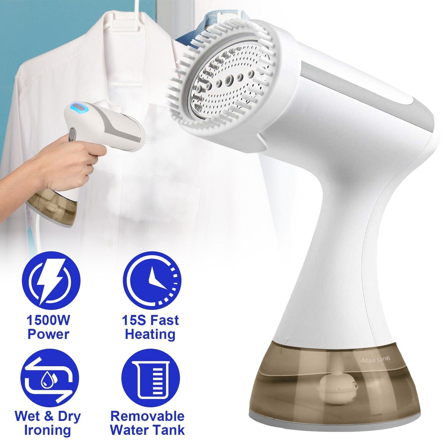 Skorter | 1500W Clothes Steamer Portable Handheld Fabric Sprayer with Lint Brush Removable 350ml Water Tank