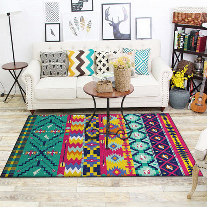 Skorter | Banded Aztec Tokens Rug Geometric Tribal Symbols Rug Synthetic Non-Slip Pet-Friendly Indoor Rug for the Living Room