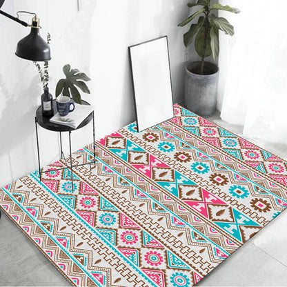 Skorter | Banded Tribal printed rug with Native symbols washable non-slip stain-resistant rug for the bedroom in blue and pink