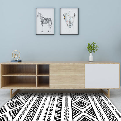 Skorter | Country Tribal Washable Rug Black and White Ethnic Geometric Rug Stain Resistant Polyester Rug for the Living Room
