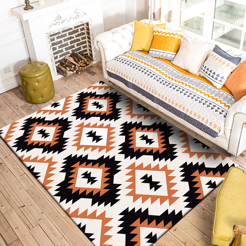 Skorter | Aztec Tokens Tribal Indigenous Carpet with ethnic geometric diamond in orange and black polyester stain-resistant personal carpet
