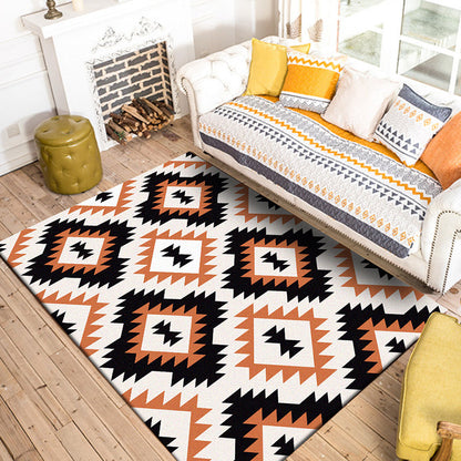 Skorter | Aztec Tokens Tribal Indigenous Carpet with ethnic geometric diamond in orange and black polyester stain-resistant personal carpet
