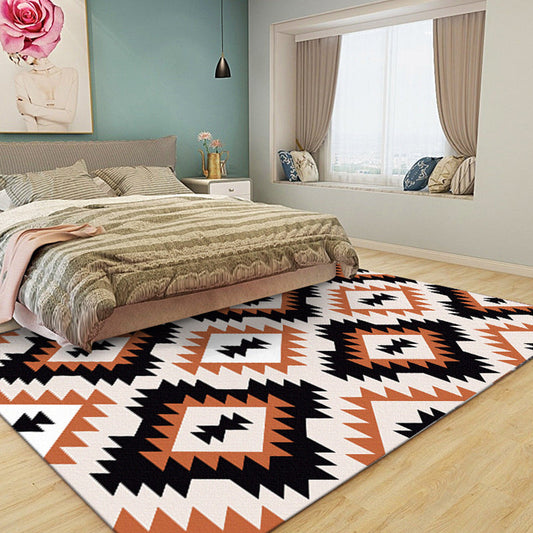 Skorter | Aztec Tokens Tribal Indigenous Carpet with ethnic geometric diamond in orange and black polyester stain-resistant personal carpet