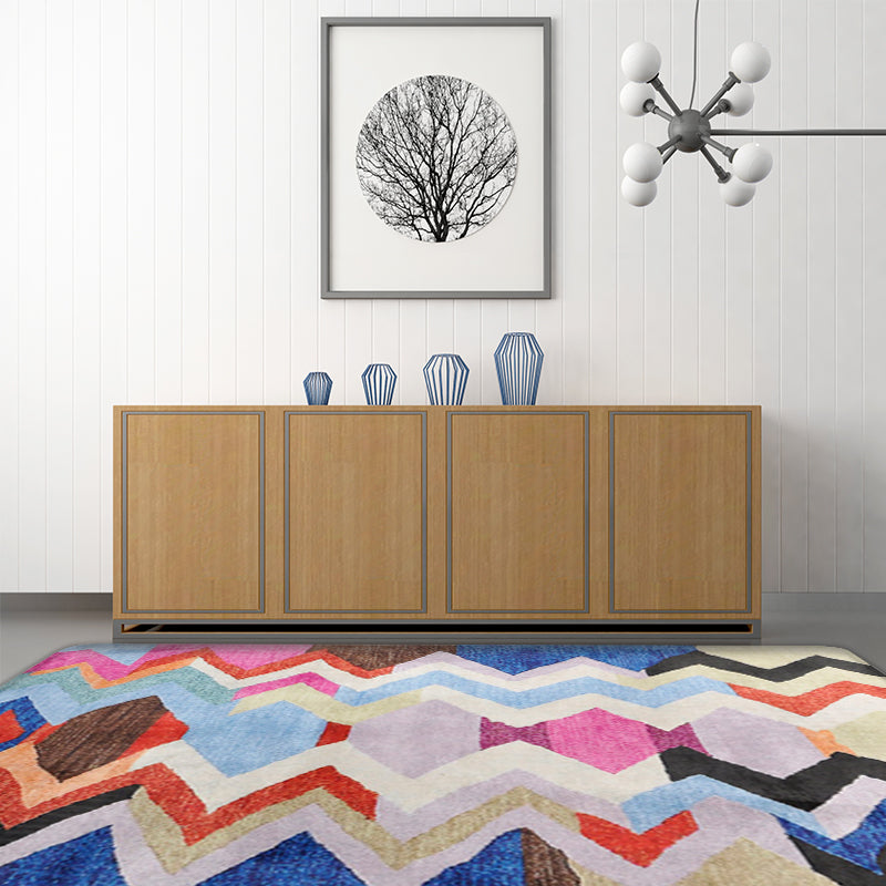 Skorter | Abstract Colorful Mosaic Carpet with Striped Chevron Fabric Anti-Slip Power Loom Flooring for the Living Room