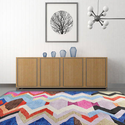 Skorter | Abstract Colorful Mosaic Carpet with Striped Chevron Fabric Anti-Slip Power Loom Flooring for the Living Room