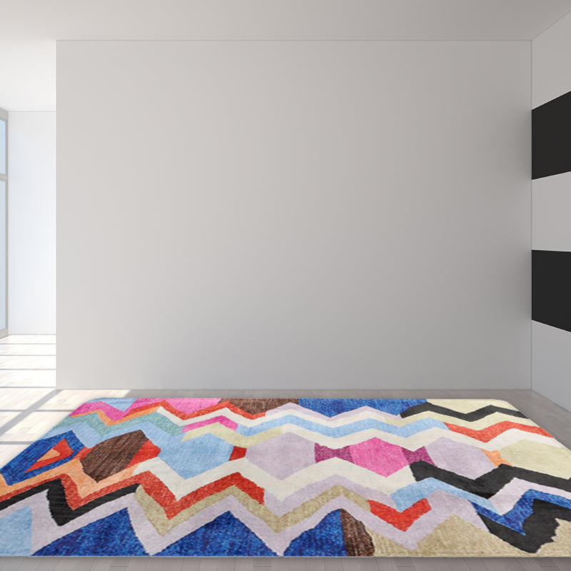 Skorter | Abstract Colorful Mosaic Carpet with Striped Chevron Fabric Anti-Slip Power Loom Flooring for the Living Room