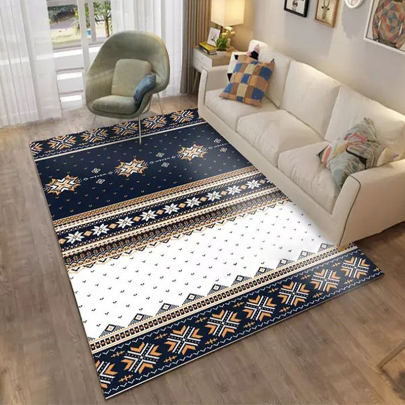Skorter | Blue Banded Tribal Carpet with Dots Artificial Anti-Slip Power Loom Flooring Carpet for the Living Room