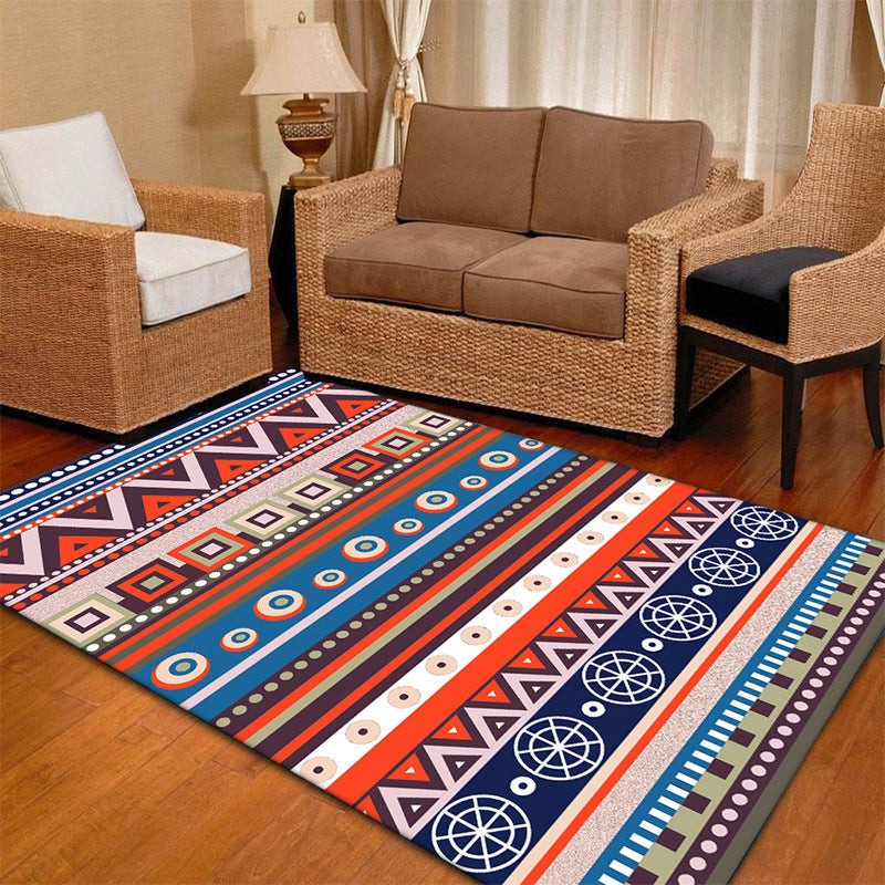Skorter | Blue and Red Americana Tribal Rug Striped Geometric Polyester Pet-Friendly Stain-Resistant Area Rug for Accent Area