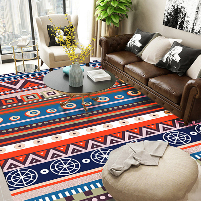 Skorter | Blue and Red Americana Tribal Rug Striped Geometric Polyester Pet-Friendly Stain-Resistant Area Rug for Accent Area