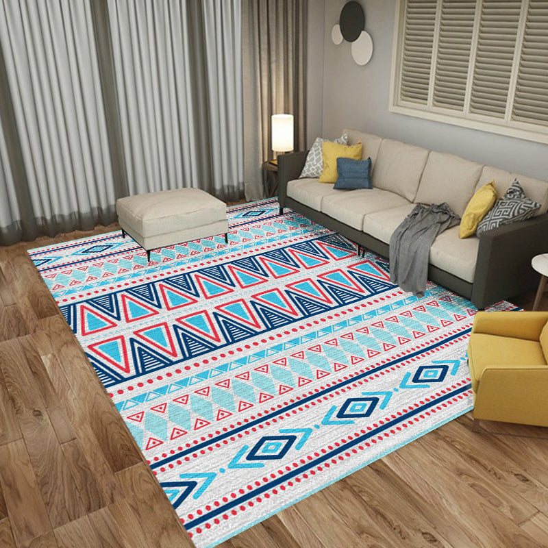 Skorter | Americana Tribal Striped Geometric Blue Rug Polyester Power Loom Pet-Friendly Area Rug for Accent Area