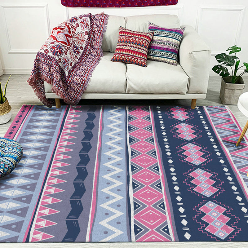 Skorter | Blue Pink Striped Geometric Rug Americana Tribal Polyester Rug Pet Friendly Stain Resistant Area Rug for Fireplace