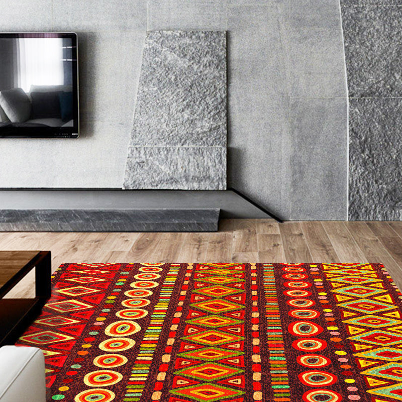 Skorter | Dark Red Americana Tribal Carpet Striped Geometric Polyester Pet Friendly Stain Resistant Rug for Accent Area