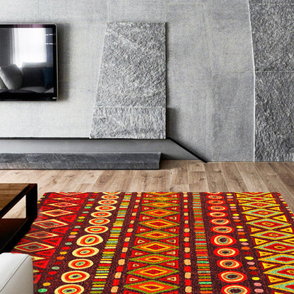 Skorter | Dark Red Americana Tribal Carpet Striped Geometric Polyester Pet Friendly Stain Resistant Rug for Accent Area