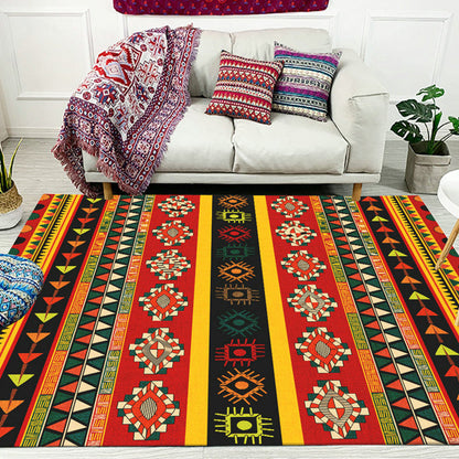 Skorter | Dark Red Americana Tribal Carpet Striped Geometric Polyester Pet Friendly Stain Resistant Rug for Accent Area