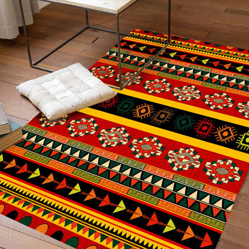 Skorter | Dark Red Americana Tribal Carpet Striped Geometric Polyester Pet Friendly Stain Resistant Rug for Accent Area