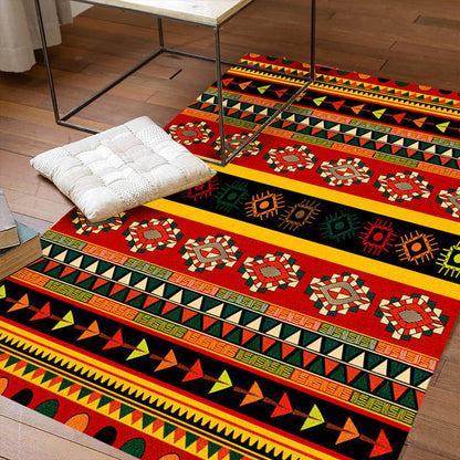 Skorter | Dark Red Americana Tribal Carpet Striped Geometric Polyester Pet Friendly Stain Resistant Rug for Accent Area