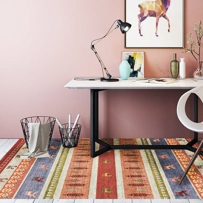 Skorter | Bohemian striped geometric rug with botanical and animal motifs synthetic non-slip backing pet-friendly area rug