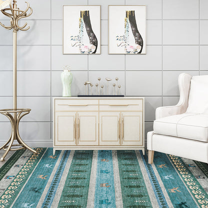 Skorter | Bohemian striped geometric rug with botanical and animal motifs synthetic non-slip backing pet-friendly area rug