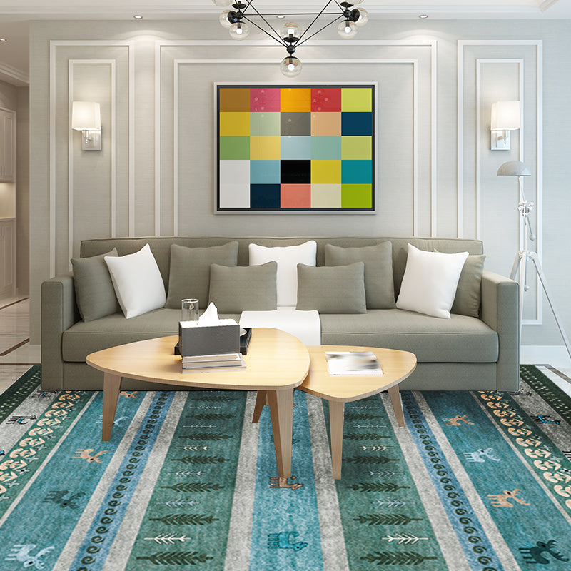 Skorter | Bohemian striped geometric rug with botanical and animal motifs synthetic non-slip backing pet-friendly area rug