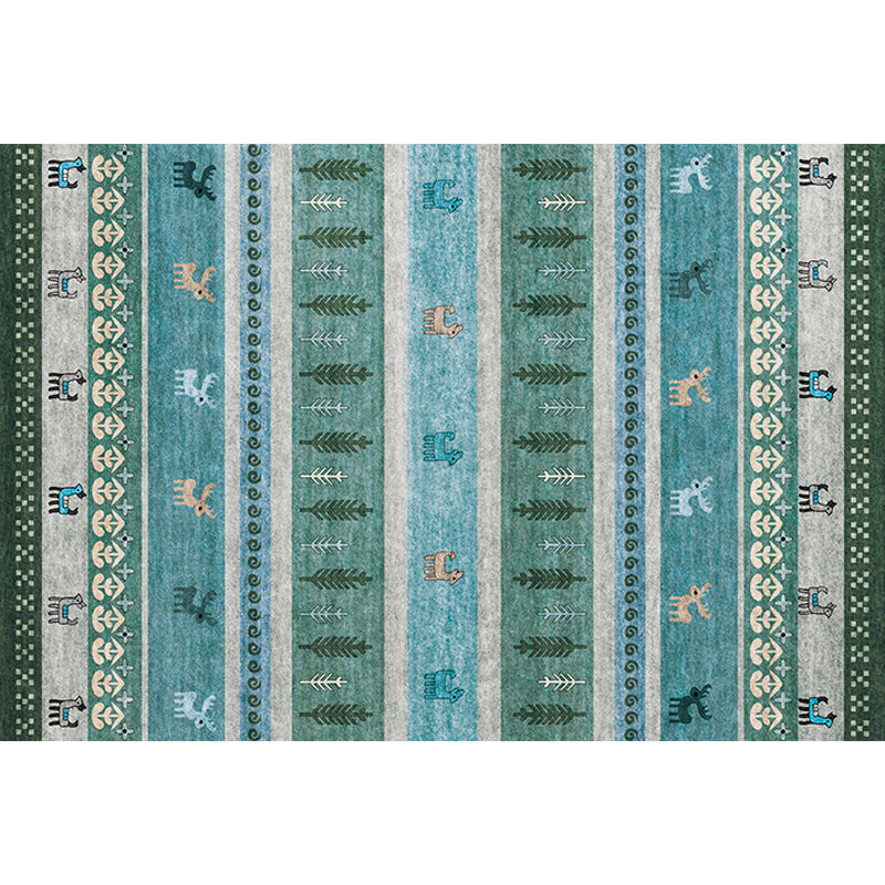 Skorter | Bohemian striped geometric rug with botanical and animal motifs synthetic non-slip backing pet-friendly area rug