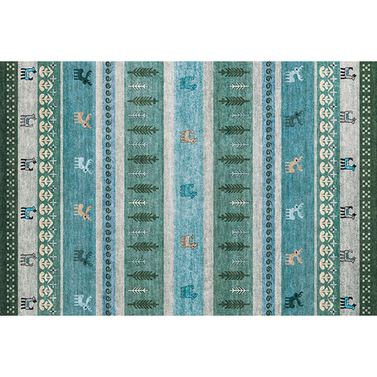 Skorter | Bohemian striped geometric rug with botanical and animal motifs synthetic non-slip backing pet-friendly area rug