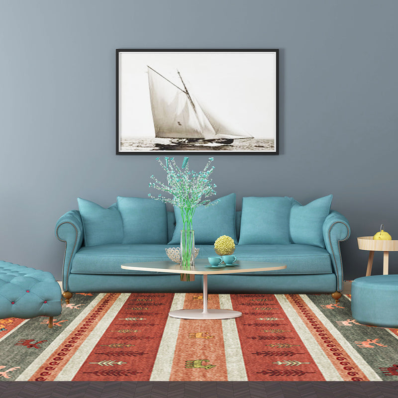 Skorter | Bohemian striped geometric rug with botanical and animal motifs synthetic non-slip backing pet-friendly area rug