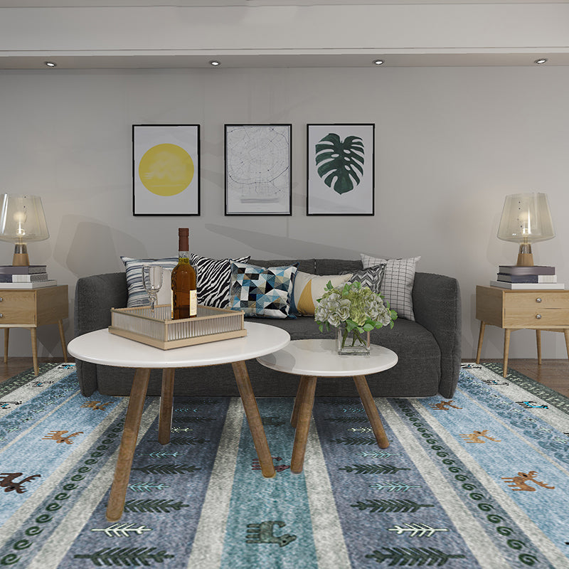 Skorter | Bohemian striped geometric rug with botanical and animal motifs synthetic non-slip backing pet-friendly area rug