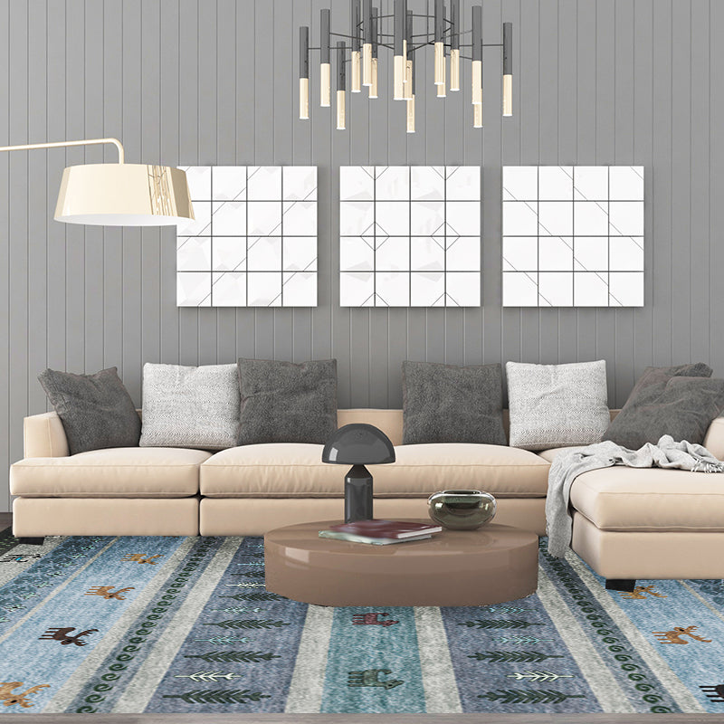 Skorter | Bohemian striped geometric rug with botanical and animal motifs synthetic non-slip backing pet-friendly area rug