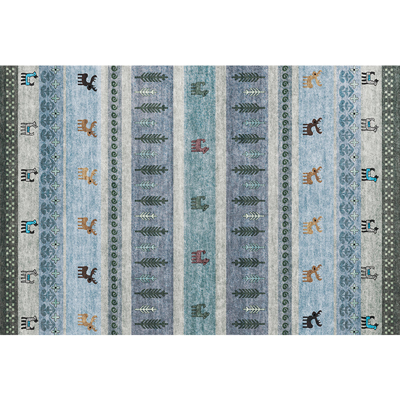 Skorter | Bohemian striped geometric rug with botanical and animal motifs synthetic non-slip backing pet-friendly area rug