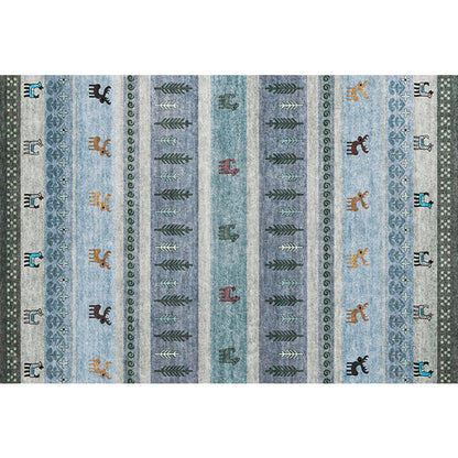 Skorter | Bohemian striped geometric rug with botanical and animal motifs synthetic non-slip backing pet-friendly area rug