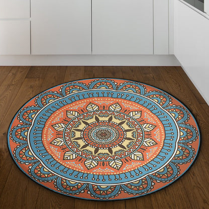 Skorter | Blue and Orange Tribal Carpet with Leaf Polyester Southwestern Print Non-Slip Back Carpet for Bedroom