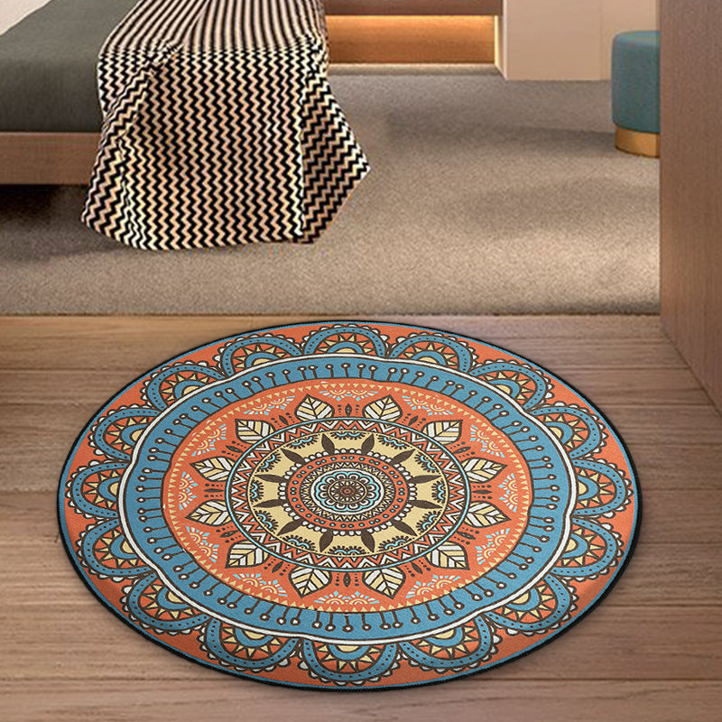 Skorter | Blue and Orange Tribal Carpet with Leaf Polyester Southwestern Print Non-Slip Back Carpet for Bedroom