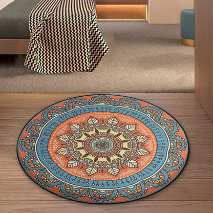 Skorter | Blue and Orange Tribal Carpet with Leaf Polyester Southwestern Print Non-Slip Back Carpet for Bedroom