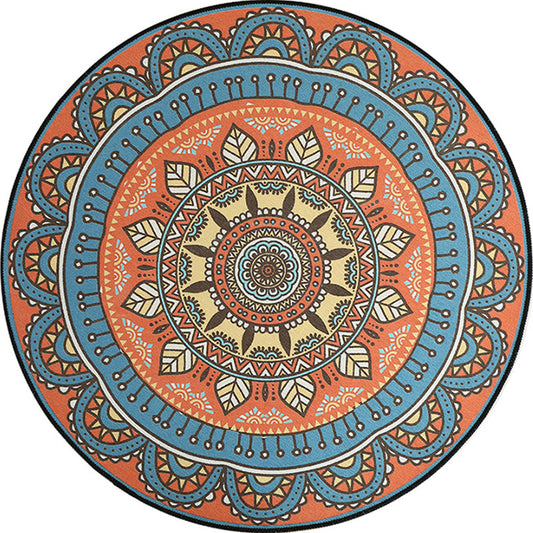 Skorter | Blue and Orange Tribal Carpet with Leaf Polyester Southwestern Print Non-Slip Back Carpet for Bedroom