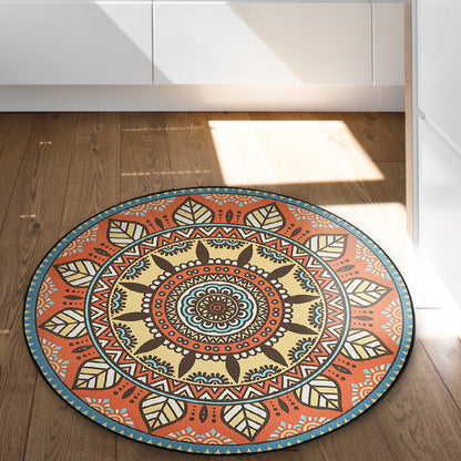 Skorter | Blue and Orange Tribal Carpet with Leaf Polyester Southwestern Print Non-Slip Back Carpet for Bedroom