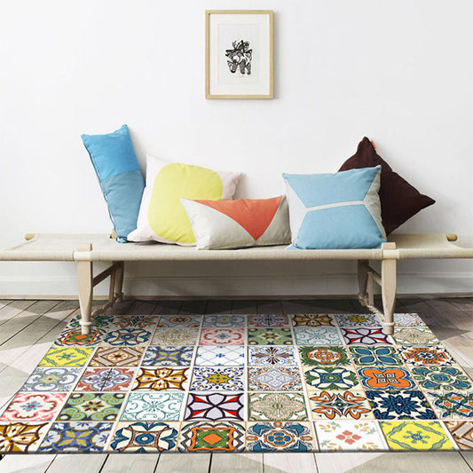 Skorter | Colorful Moroccan Rug Polyester geometric floral square pattern rug non-slip rug for home decor