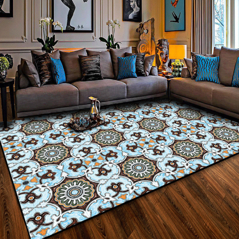 Skorter | Blue and brown Moroccan carpet polyester floral pattern non-slip rug for home decor