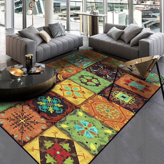 Skorter | Colorful Moroccan Carpet Polyester Floral Square Dots Pattern Carpet Non-Slip Flooring for Home Decor