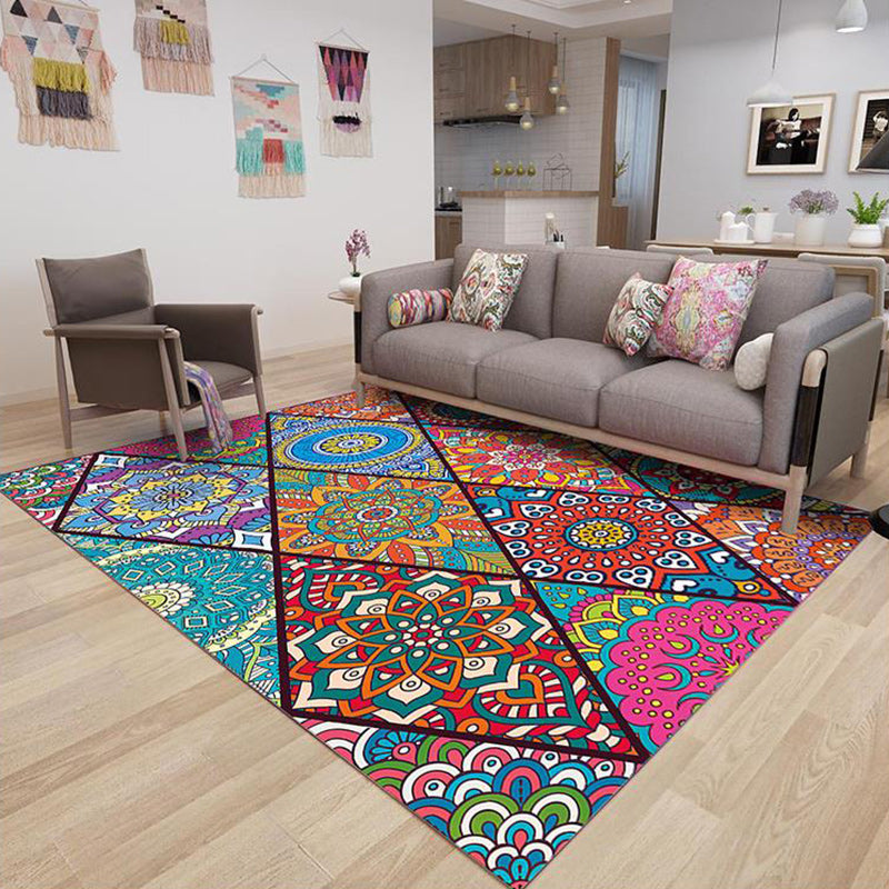 Skorter | Colorful Bedroom Rug Moroccan Floral Diamond Dot Pattern Rug Polyester Machine Washable Non-Slip Backing Rug for Living Room