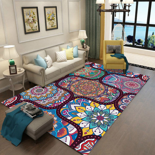 Skorter | Colorful Bedroom Moroccan Flower Dots Pattern Rug Polyester Machine Washable Non-Slip Back Rug