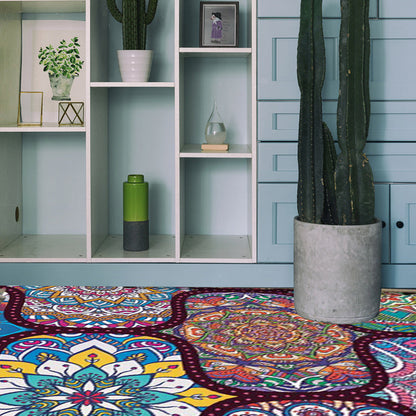 Skorter | Colorful Bedroom Moroccan Flower Dots Pattern Rug Polyester Machine Washable Non-Slip Back Rug