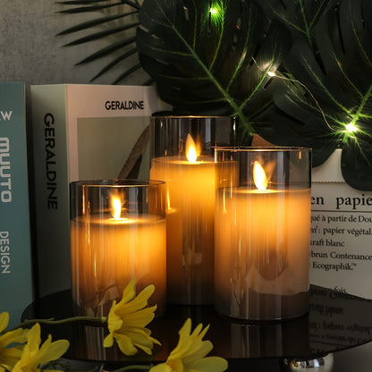 Skorter | 3pcs LED Fireproof Candles, Battery Operated Flickering Flame Pillar Real Wax Moving Flame Electric Light Set Gray Glass Effect With Remote Control Timer, 10.16 Cm, 12.7 Cm, 15.24 Cm, 3 Gray Packaging