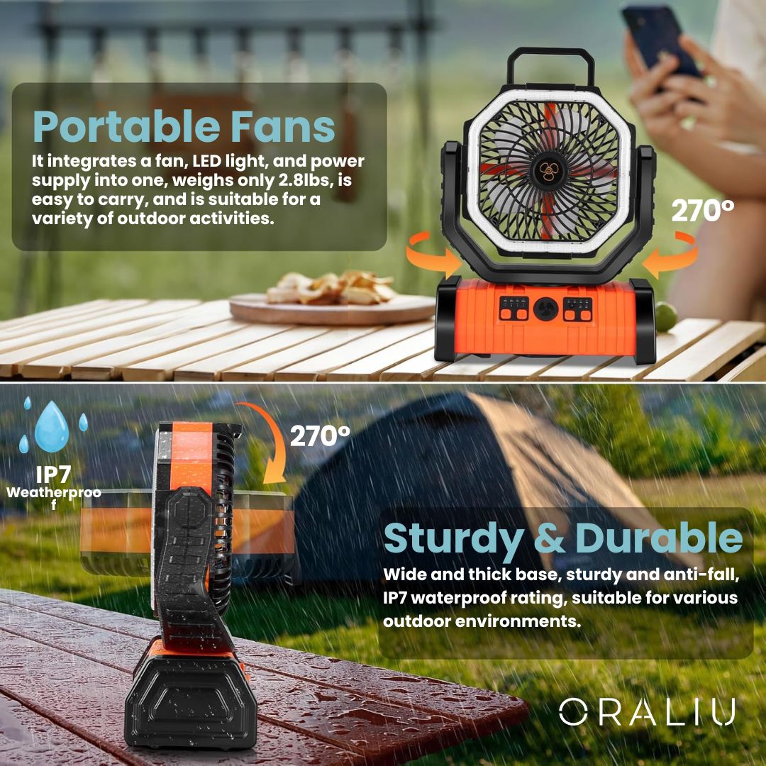 Skorter | 3-in-1 Camping Fan with LED Light & 20000mAh Power Bank – USB Rechargeable & Wireless