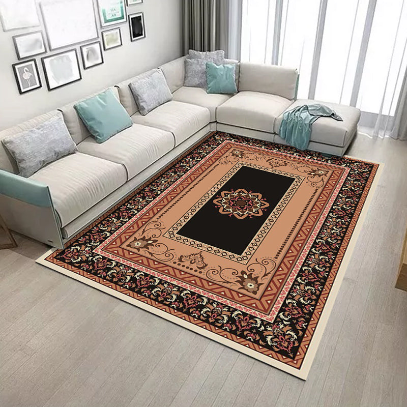 Skorter | Black and brown bedroom rug Moroccan medallion floral pattern area rug polyester non-slip pet-friendly rug