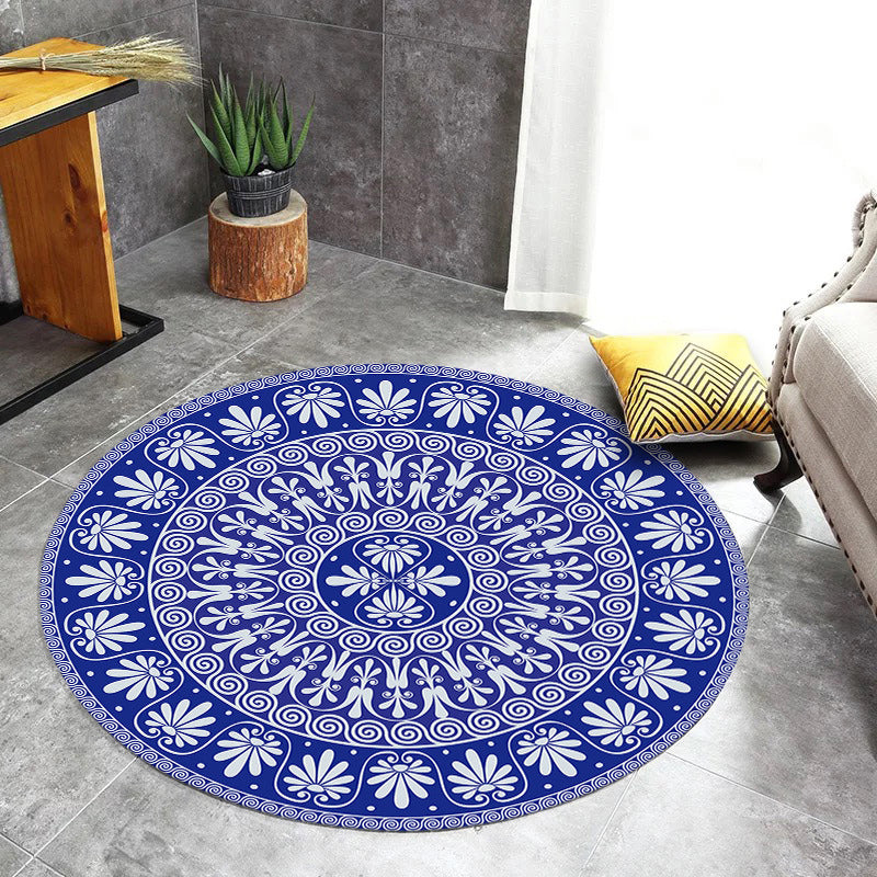 Skorter | Blue Mediterranean Rug Flannel Floral Pattern Rug Washable Non-Slip Back Rug for the Living Room