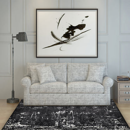 Skorter | Black Industrial Floor Rug Polyester Abstract Rug Washable Non-Slip Underlay Flooring for Living Room