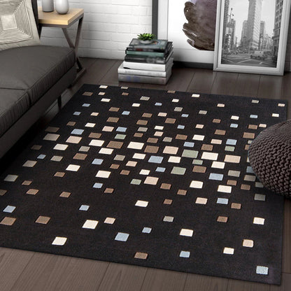 Skorter | Black Bedroom Rug New Plaid Pattern Rug Polyester Non-Slip Backing Pet-Friendly Rug