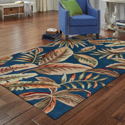 Skorter | Blue Tropical Carpet Polyester Leaf Print Carpet Washable Non-Slip Back Carpet for Living Room