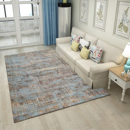 Skorter | Brown and blue industrial rug polyester abstract rug washable non-slip backing rug for the living room