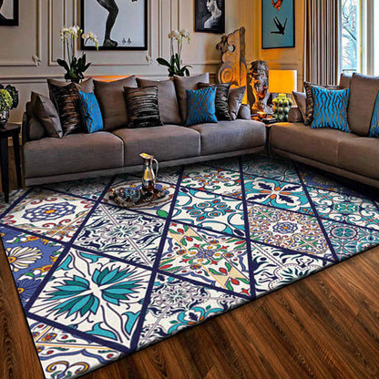 Skorter | American Moroccan rug in blue diamond flower pattern rug polyester non-slip washable rug for home decor